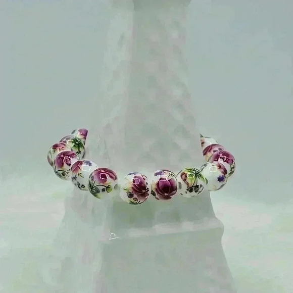 Chinese-Style Ceramic Floral Beaded Stretch Bracelet - Picture 3 of 6